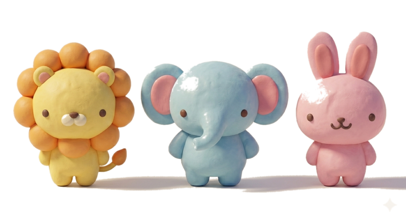 クレイテーマパークの世界にいるどうぶつたち